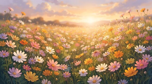 A vibrant meadow filled with colorful wildflowers like daisies and cosmos under a soft golden sunset sky with gentle clouds in the distance