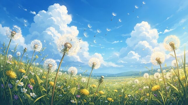 A vibrant summer meadow filled with fluffy dandelion seed heads and yellow wildflowers under a bright blue sky with large, puffy white clouds