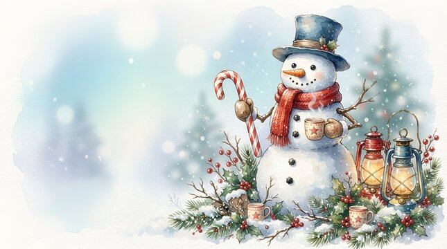 A watercolor of a cheerful snowman wearing a hat and scarf, holding a candy cane and a hot drink, surrounded by lanterns