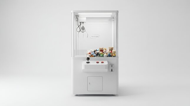 A white claw machine filled with colorful plush toys standing in a bright minimalist studio setting with a clean white background isolated