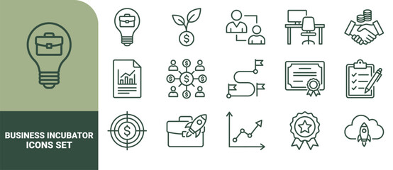 Business incubator icons set featuring line symbols of light bulbs, briefcases, growth charts, target, handshake, and startup rocket ship concepts © Gra-fix PNG