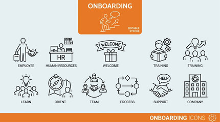 Naklejka premium Professional Vector Icon Set for Employee Onboarding and Corporate Human Resources Orientation Featuring Symbols for Recruitment Hiring Welcome Process Management and Workforce Integration
