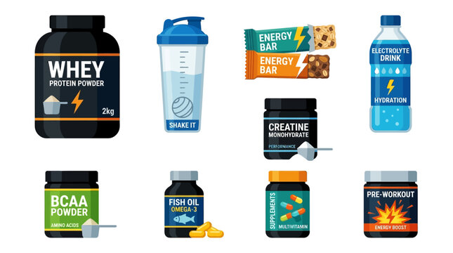 Assortment of sports nutrition and dietary supplements