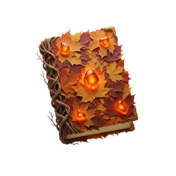 Enchanted Autumn Book with Glowing Gemstones and Vines