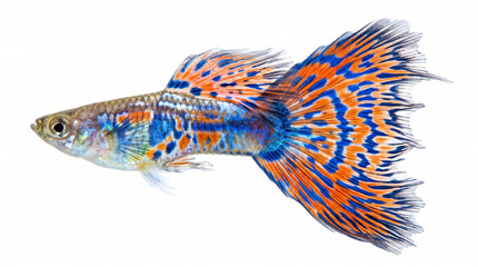 Fototapeta premium Blue and orange guppy fish profile tail isolated on a transparent background