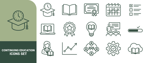 Obraz premium Set of dark green line icons representing continuing education, featuring graduation caps, books, certificates, calendars, checklists, and learning symbols