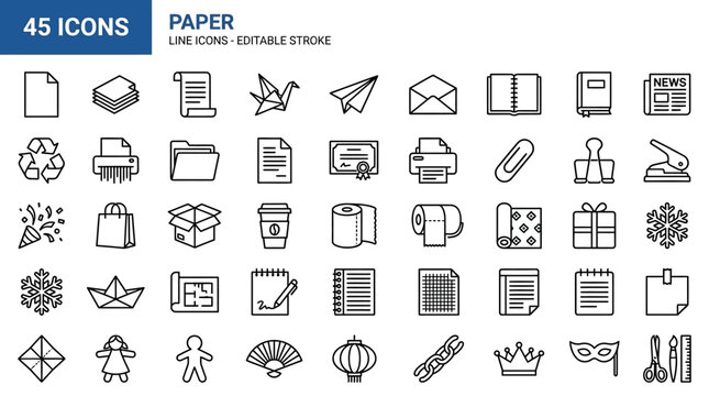 Extensive Collection of Fifty One Paper Related Outline Icons Minimalist Linear Stationery Design Elements for Professional Business Documents Featuring Editable Stroke Graphic Vector Illustration