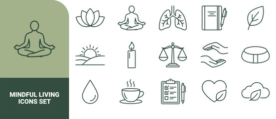 Fototapeta premium Set of thin line icons representing mindful living, wellness, and health, featuring symbols for meditation, nature, balance, and self-care practices