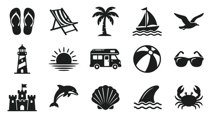 Obraz premium Summer Holiday Travel Black White Glyph Icon Set: Beach, Vacation, and Tropical Destination Symbols
