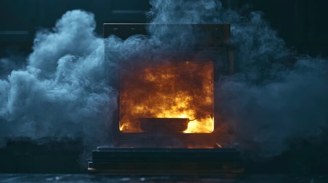 Intense fire blazing inside industrial oven with thick smoke surrounding metal container in dark environment showing high heat and combustion process