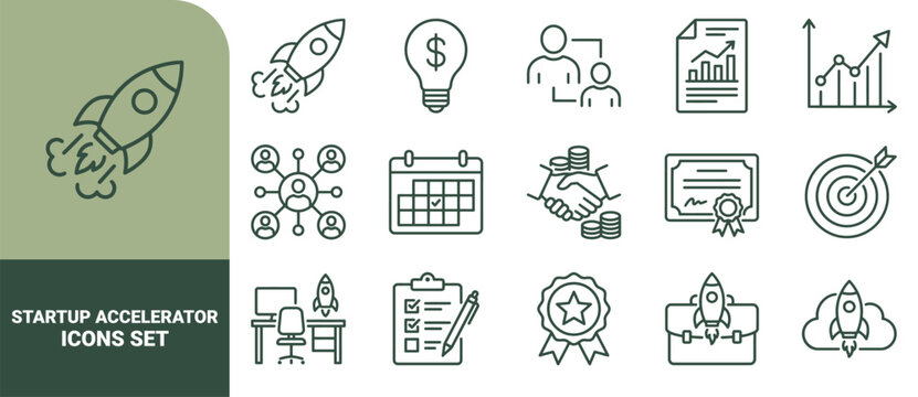 Startup accelerator icon set featuring line of business growth, strategy, networking, finance, and launch concepts