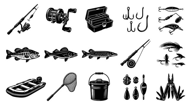 Black and White Fishing Gear Icons Set - Rod, Reel, Tackle Box, Fish, Boat