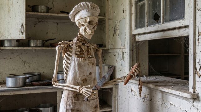 Skeleton Chef in an Abandoned Dilapidated Kitchen Wearing an Apron and Hat Holding a Knife and Rotten Carrot Waiting