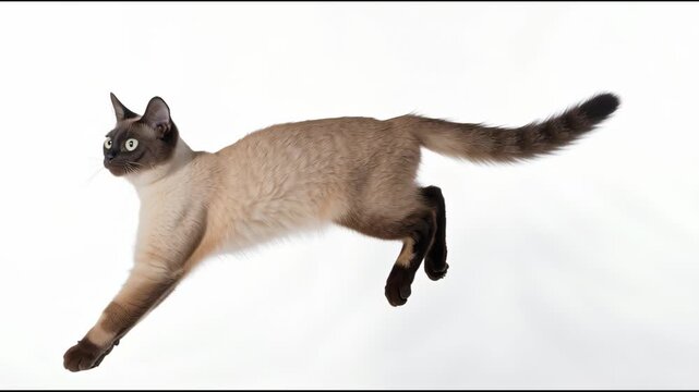 A high-speed dynamic studio shot of an elegant Siamese cat mid-air, frozen in full jumping action against a seamless solid white background. The side view profile beautifully captures it