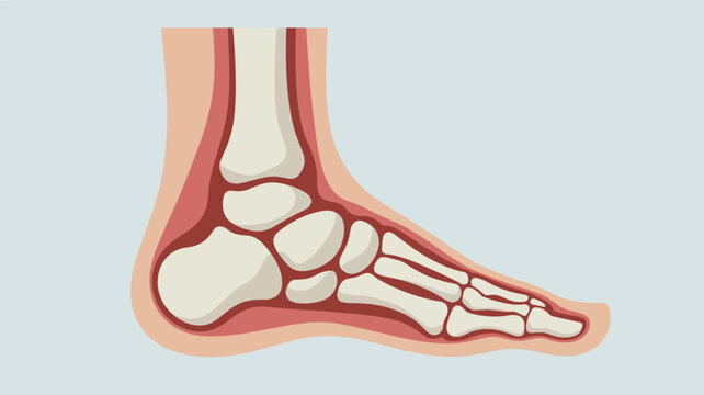 Human foot and ankle bone anatomy shown in lateral profile for orthopedic education and medical diagnostic training.