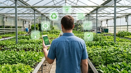 Obraz premium Man Inspecting Healthy Green Plants in Bright Modern Greenhouse