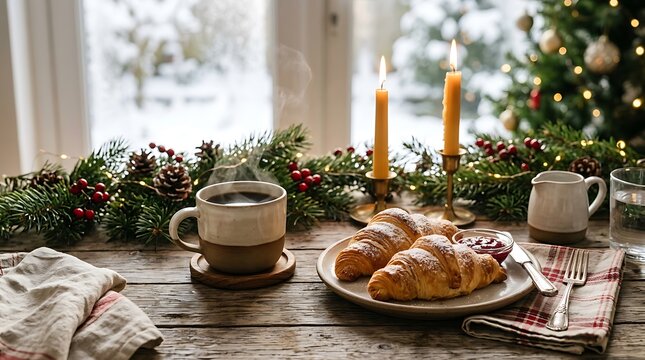 Cozy christmas morning breakfast with croissants and coffee by snowy window.