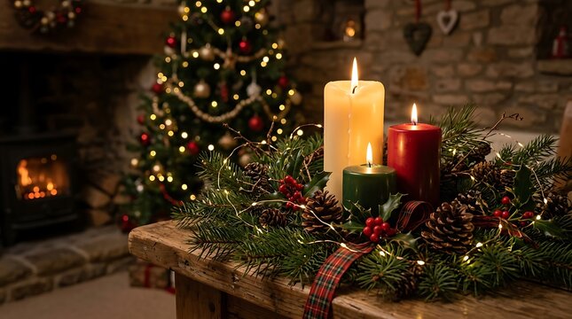 Christmas advent wreath with three burning candles on a rustic wooden table in a festive home setting with fireplace and christmas tree.
