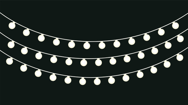 Three rows of glowing warm white party string lights hanging against a dark background for festive decoration.