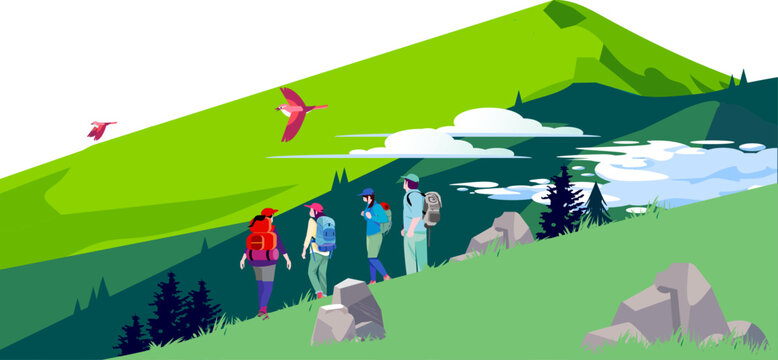 Vector illustration of a group of people hiking on a lush green mountain with a beautiful natural landscape