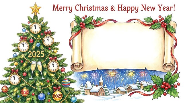 Christmas and new year 2025 greeting card with decorated christmas tree, festive village scene.
