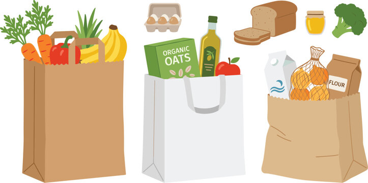 Grocery shopping clipart collection featuring paper bags reusable tote fresh vegetables bread pantry staples and healthy food vector illustration set