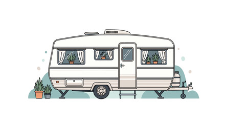 Fototapeta premium Classic white and beige retro travel trailer parked outdoors with several potted plants near the windows and entrance.
