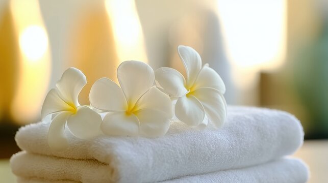 Soft white towel stack with delicate fresh tropical white flower petals resting on top in warm natural light for spa relaxation and wellness atmosphere setting