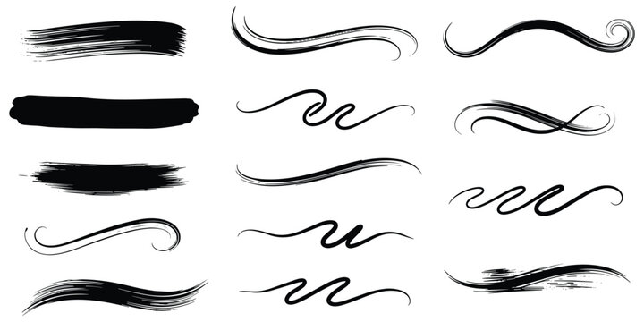 Brush strokes and decorative swirls for design elements and accents in black ink on transparent