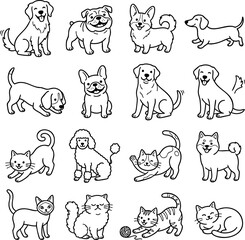 Fototapeta premium Cute cartoon dogs and cats line art vector set with illustration collection outlines character