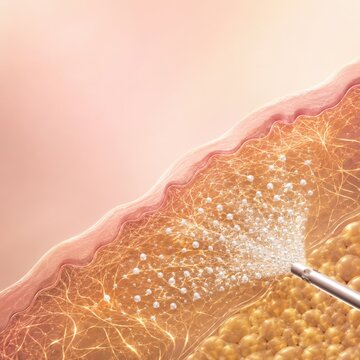 Medical illustration of procedure targeting subcutaneous fat layer with advanced injection technology and skin tissue detail