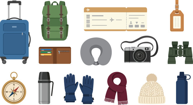 Detailed vector graphic illustration featuring a collection of essential travel items like suitcases backpacks cameras and various winter accessories