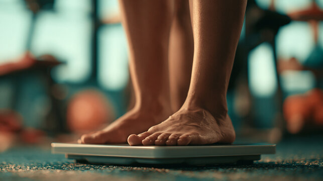 bare feet standing on modern digital bathroom scale for weight management healthy lifestyle and fitness progress tracking	
