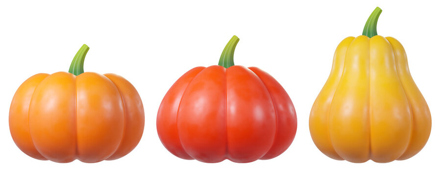 Set of 3D pumpkins in different colors and shapes, isolated on background. Red, yellow, orange. Perfect for autumn, Halloween, Thanksgiving, fall seasonal marketing, greeting cards, social media banne