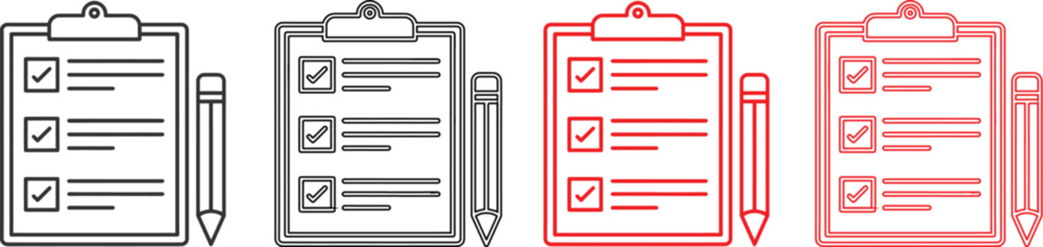 Set of clipboard icons with checklist and pencil for business tasks or project management in flat line design