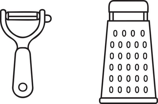 Vegetable peeler and box grater black outline kitchen utensil vector illustration
