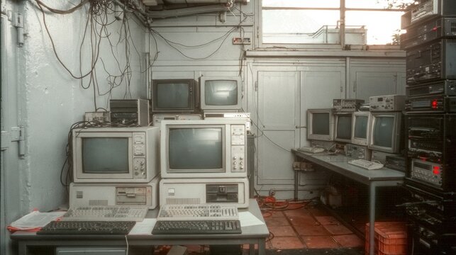 Vintage computer room filled with old bulky monitor screens keyboards and tangled wires showcasing retro technology and outdated electronic equipment setup