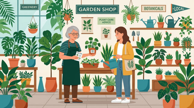 Elderly shopkeeper and customer in a lush garden shop surrounded by houseplants discussing plant care vector illustration