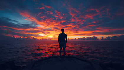 Obraz premium Silhouette of Person Standing at Water's Edge During Vibrant Sunset Over Calm Sea