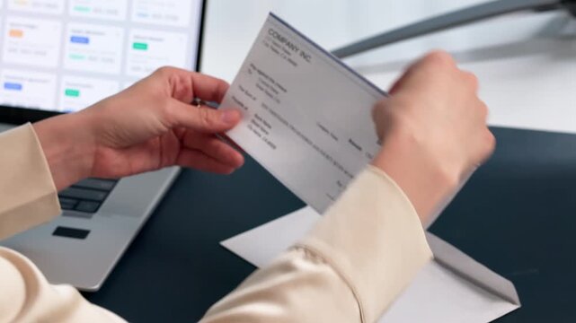Woman Opening Emvelope With Payroll Check.