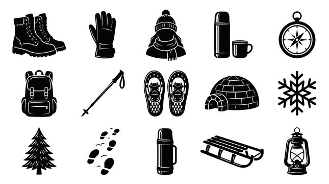 Winter Outdoor Adventure Glyph Icons Set. Cold Weather Travel Gear  Equipment Collection in Black  White Silhouette.