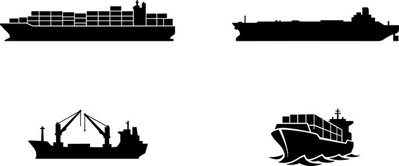 Obraz premium Global Cargo Ships and Container Vessels Silhouette Vector Set Featuring Commercial Freight Carriers and Maritime Transport Icons for Shipping Logistics Designs