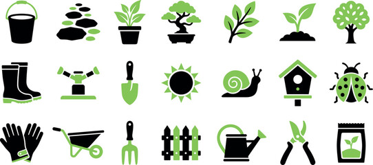 Gardening equipment set for planting and yard maintenance with green and black flat vector icons. © MDKOPHIL