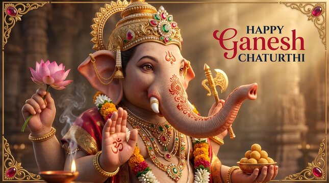 Happy Ganesh Chaturthi greeting card with Lord Ganesha, lotus, golden crown, sacred axe, blessing gesture, laddu offering, Hindu festival celebration, ornate temple background