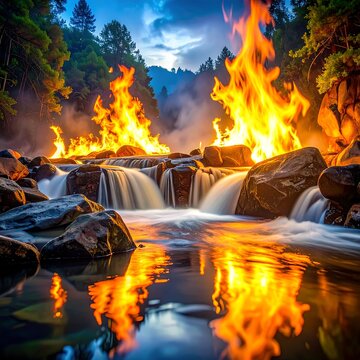 Dramatic River Flames Burning Above Rocky Waterfall in Forest at Dusk