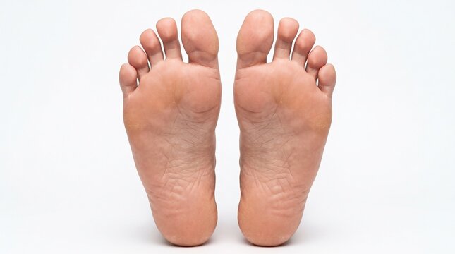 A close-up, high-angle shot of the soles of a pair of human feet, showcasing the texture and lines of the skin.
