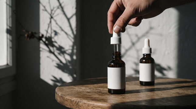 Hand opens amber dropper bottle with blank label on rustic wooden table, symbolizing skincare branding and product mockup