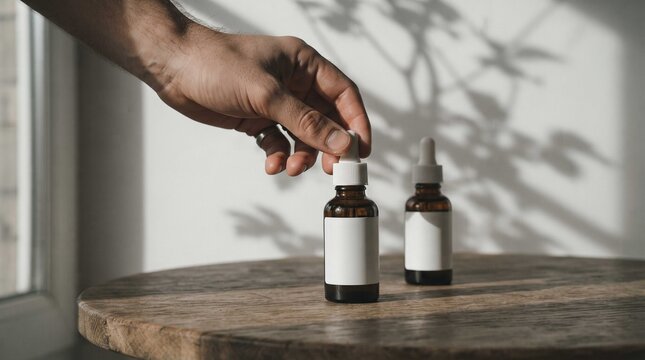 Hand opens amber dropper bottle with blank label on rustic wooden table, symbolizing skincare branding and product mockup