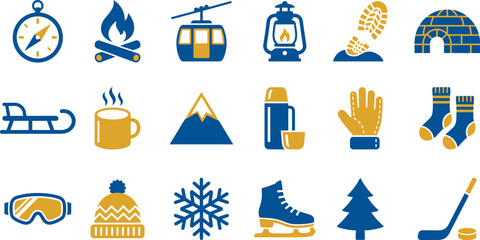 Set of 18 vector icons representing winter activities and objects in blue and yellow. © MDKOPHIL