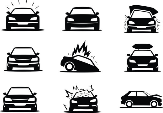Collection of various car silhouettes on white background with different actions and states